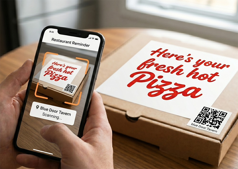 Person scanning a QR code on a pizza box
