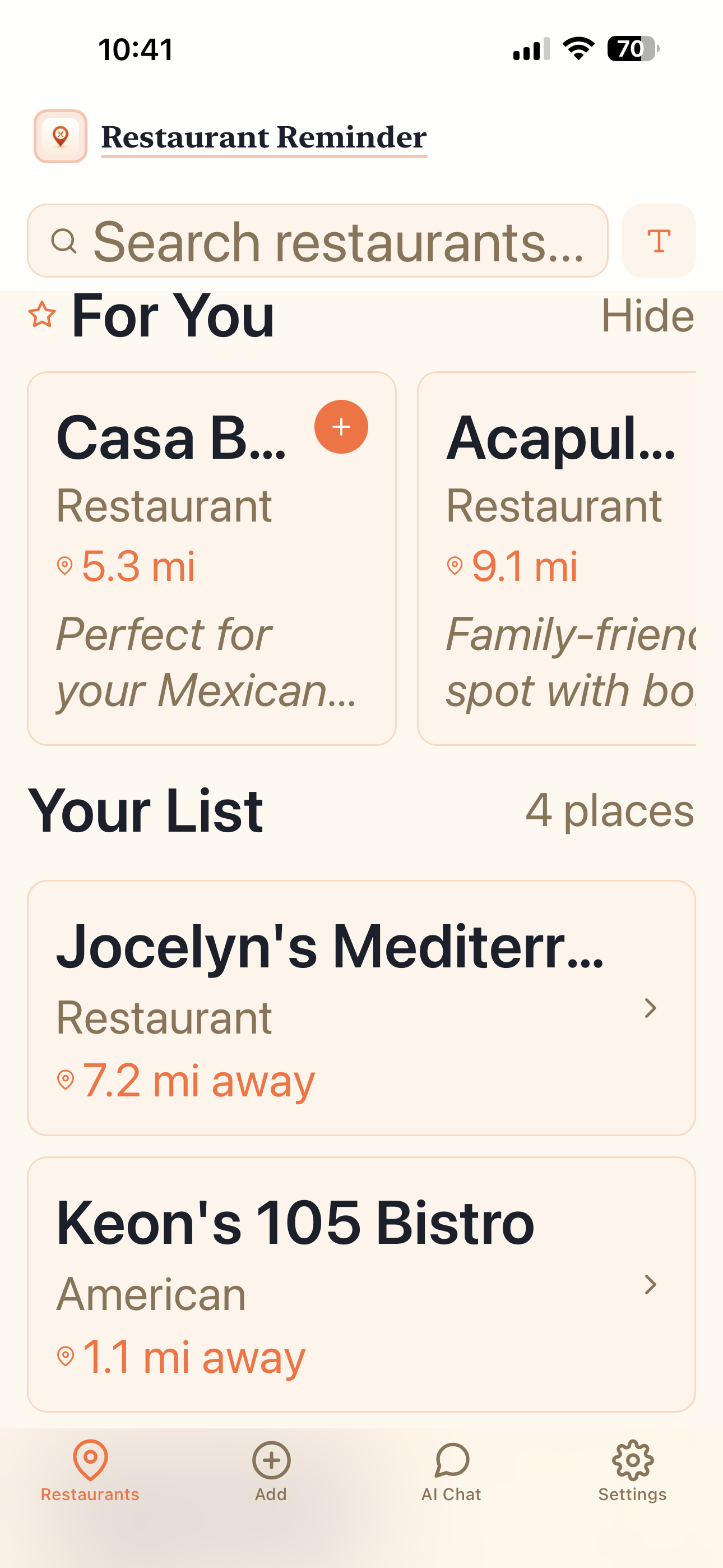 Restaurant Reminder app showing a saved list of restaurants with a geo-reminder notification alerting the user that a saved spot is nearby.